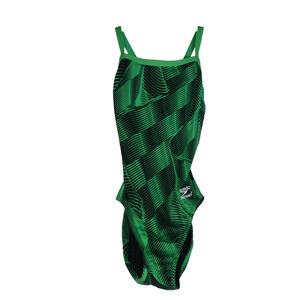 Speedo Enurance Plus Swimsuit Girls Size 26 Green Black One Piece Open Back